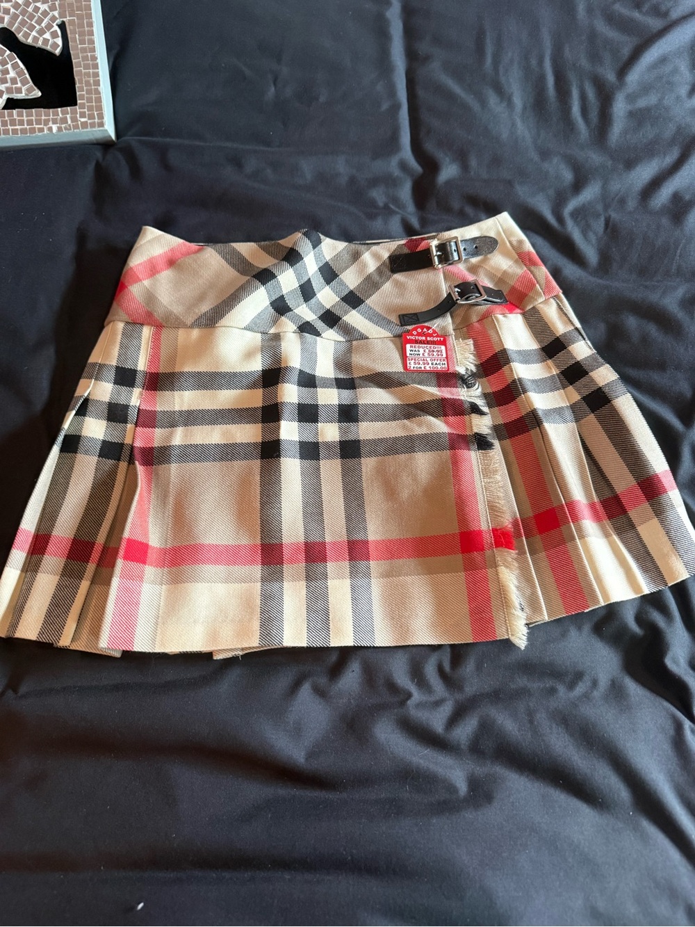 Classic Plaid Pleated Mini Skirt in Beige with Buckle Detail